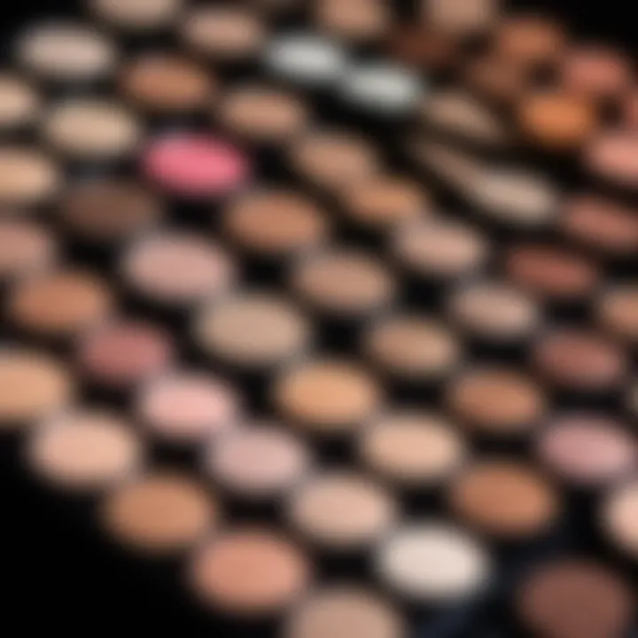 A close-up of a makeup palette showcasing various shades