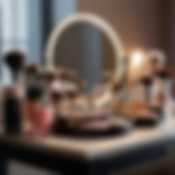 An elegant vanity table with makeup brushes and face powder